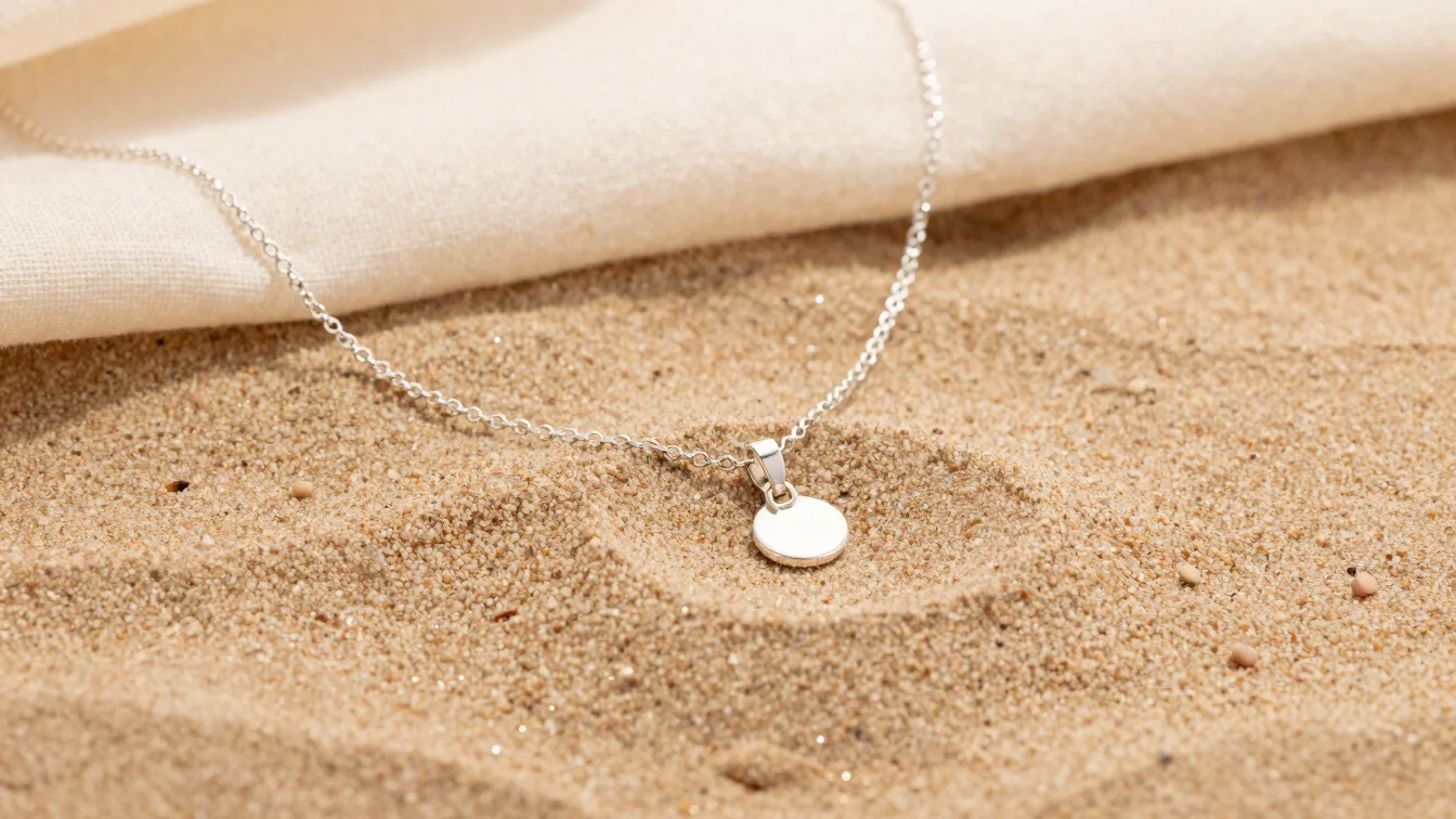 Close-up shot of a delicate silver chain necklace with a small pe