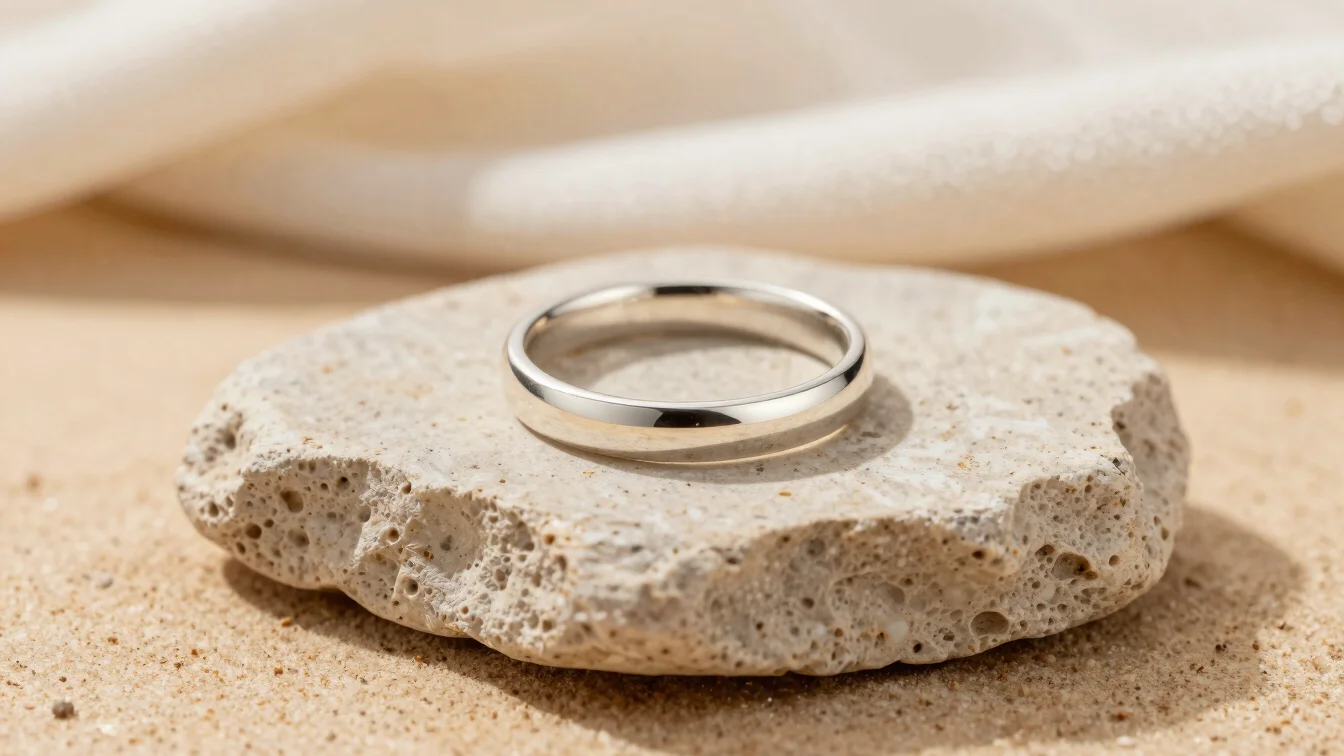 Close-up shot of a simple silver band ring on a textured beige st