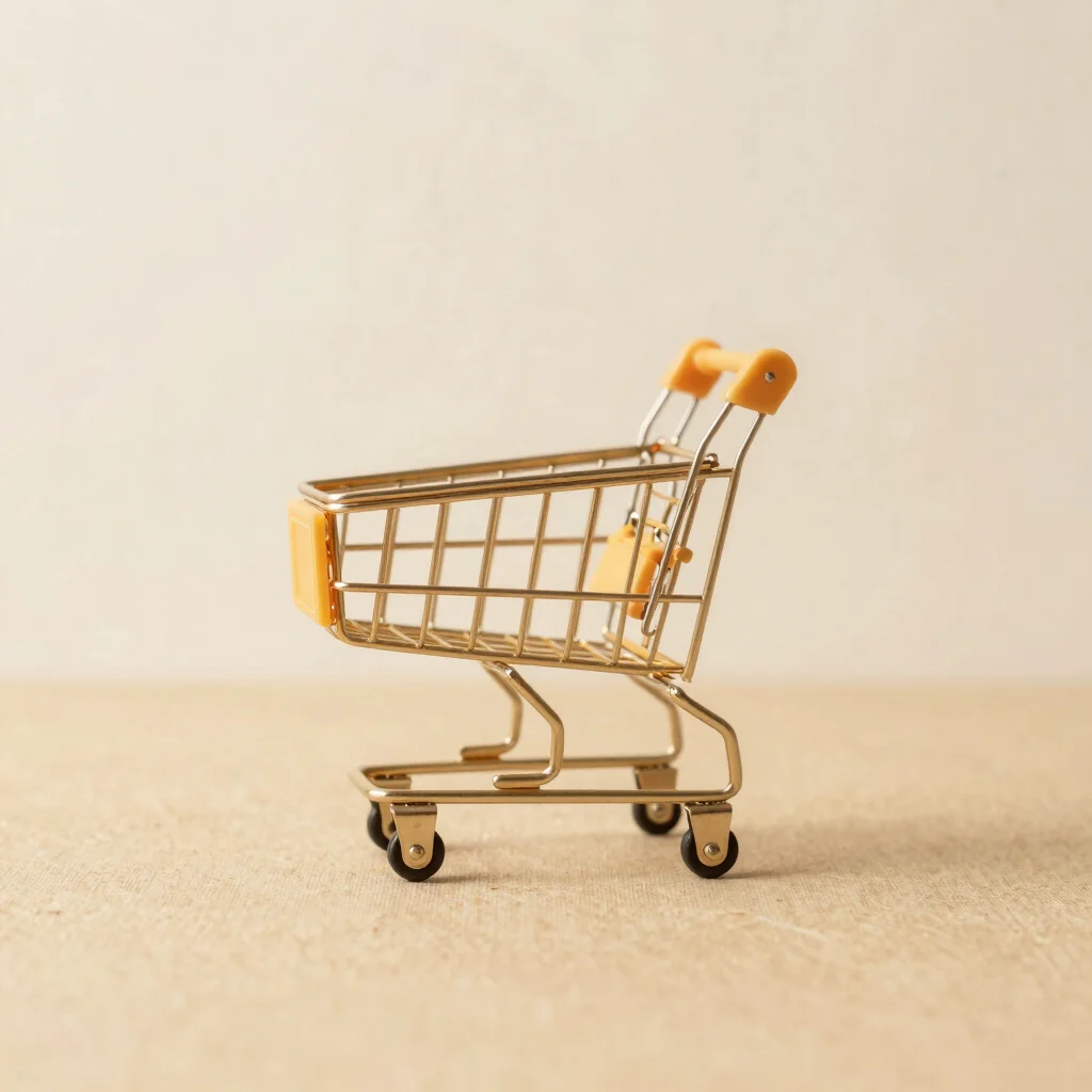 Minimalist icon of a shopping cart, clean lines, on a soft background.