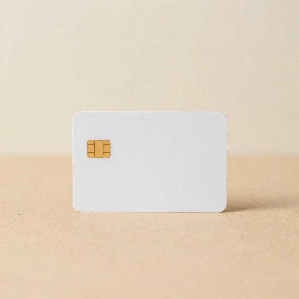 Minimalist icon of a credit card, clean lines, on a soft background.